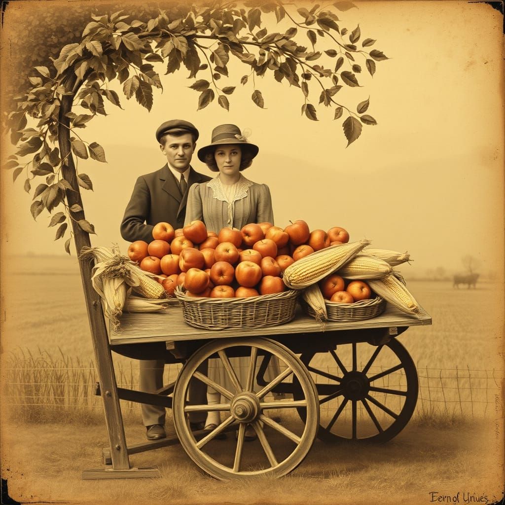 Victorian Family at Farmstand in Sepia Tone