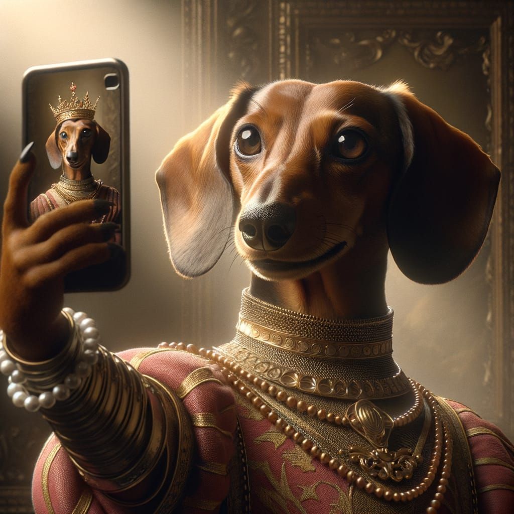 Dachshund Warrior Princess Takes Selfie in 35mm Film Style
