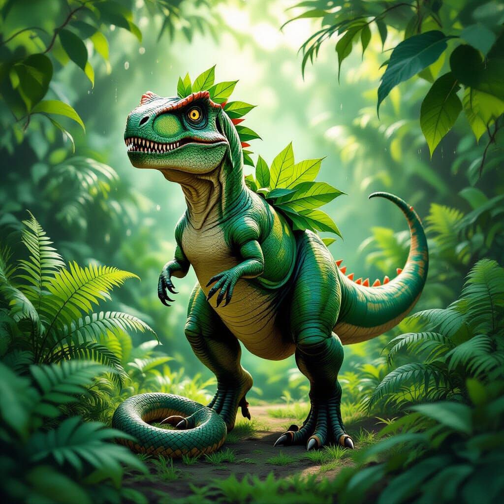 T-Rex in Garden with Serpent, Neo-Traditional Tattoo Style