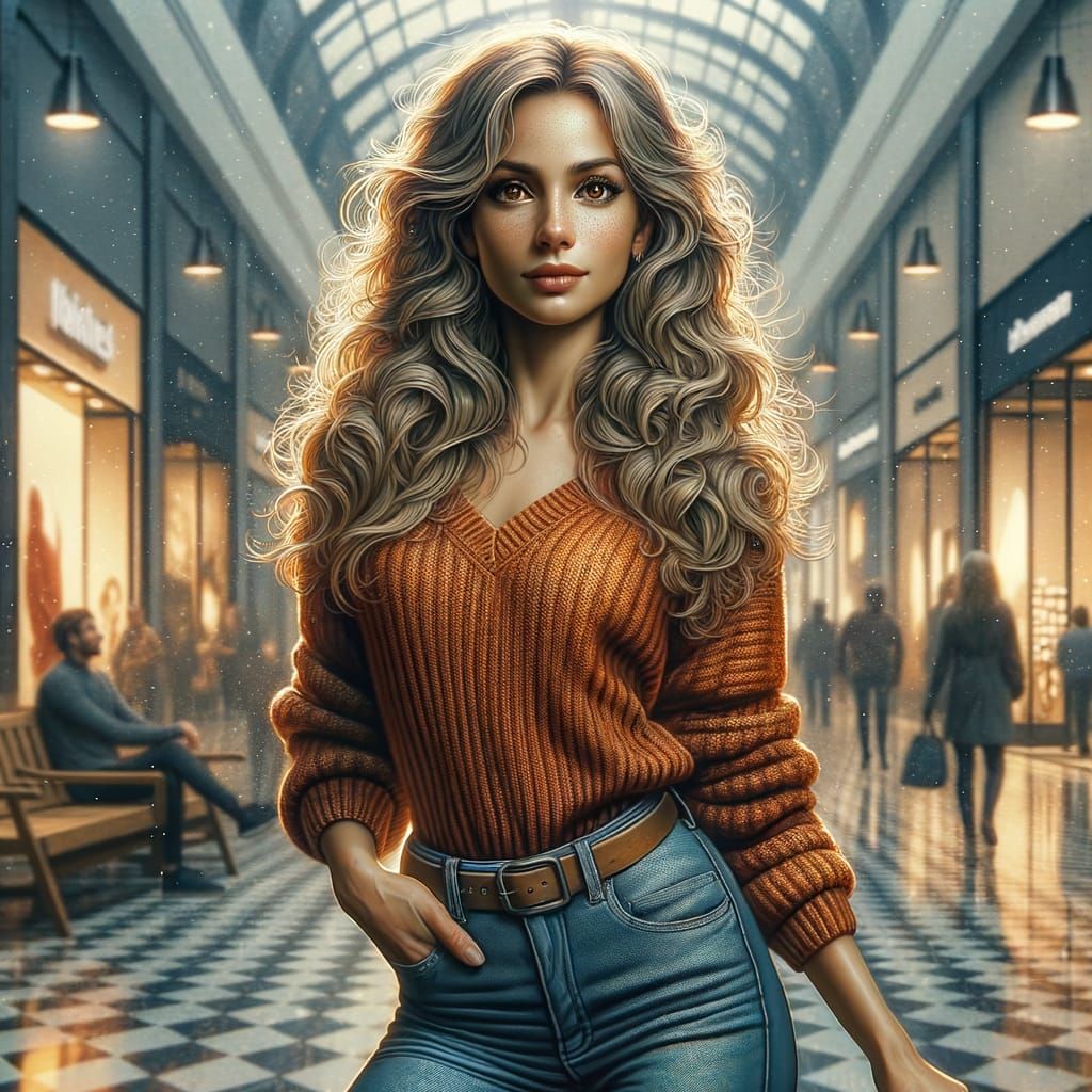 Stylish Woman in Bustling Mall, Concept Art