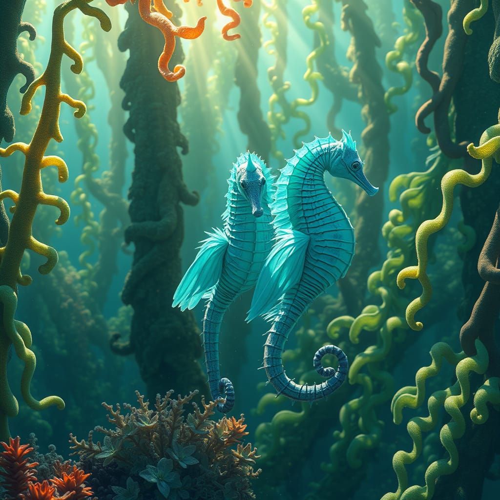 Seahorses in Turquoise Robes in Kelp Forest