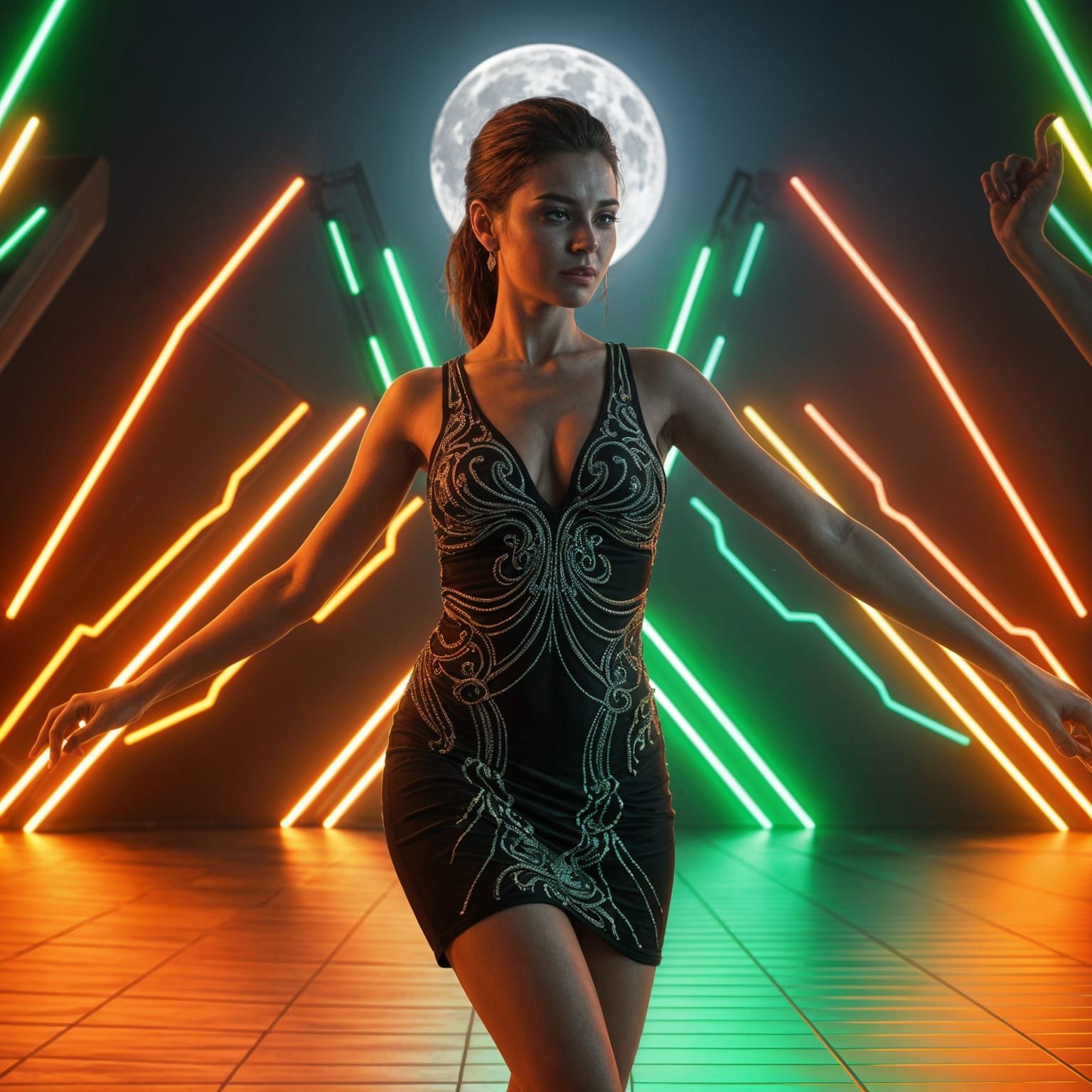 Futuristic Disco Dancers Under a Neon Moon