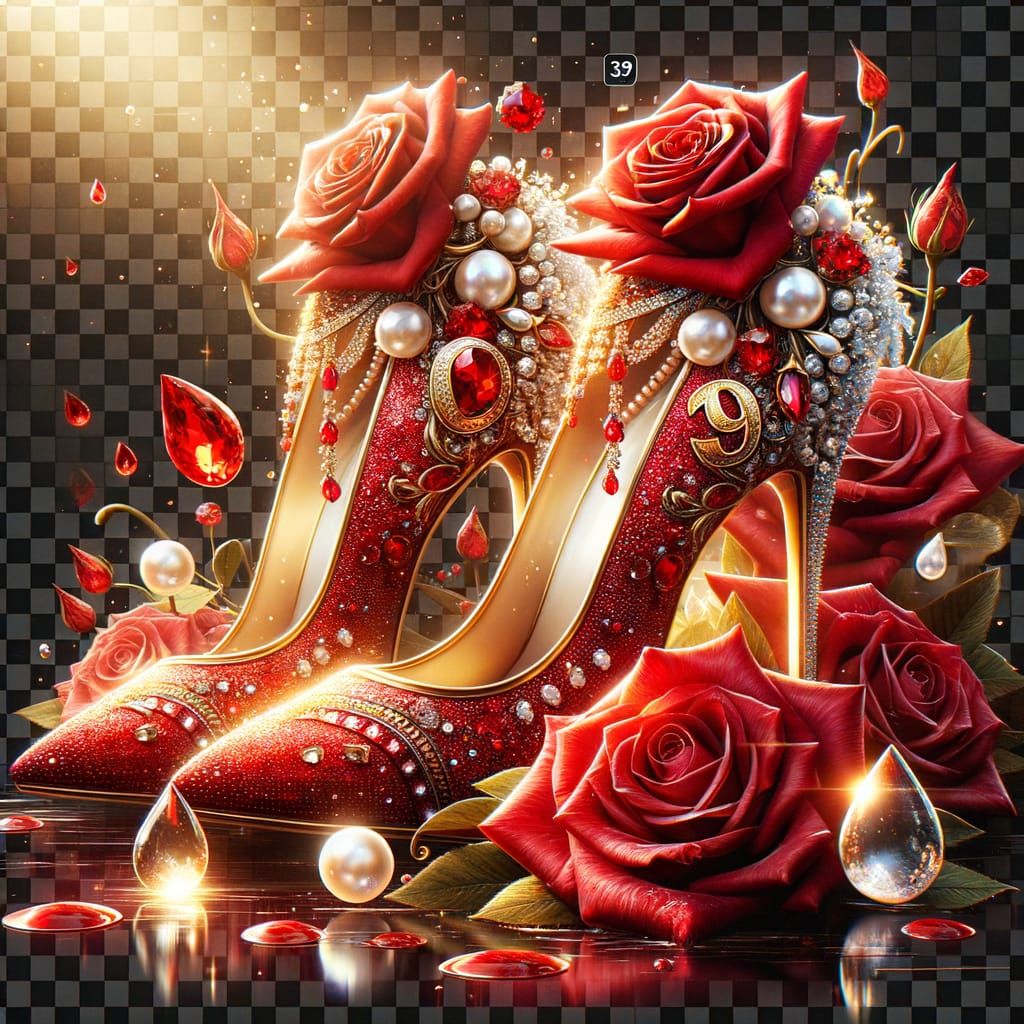 Jeweled Red High Heels on Roses: Fantasy Art