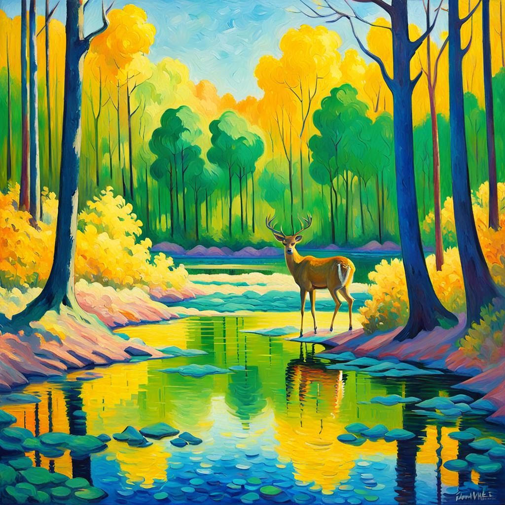 Deer at Yellow Lake: Fauvist Oil Painting