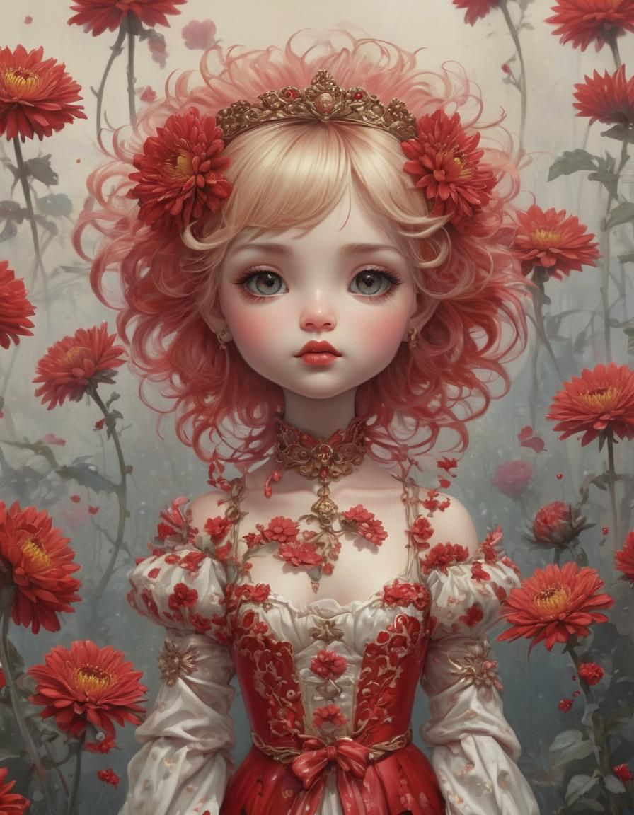 Girl with red chrysanthemums