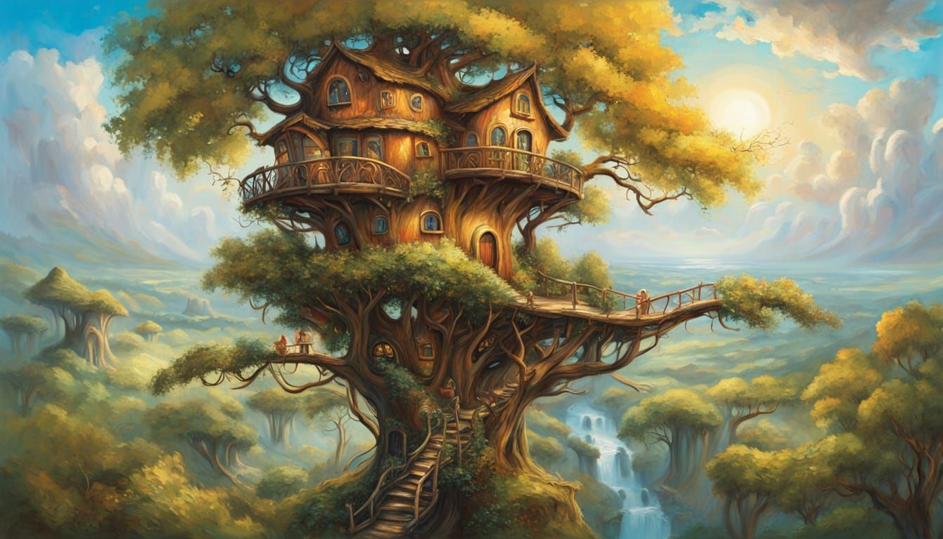 Whimsical Treehouse Amidst Rolling Landscapes