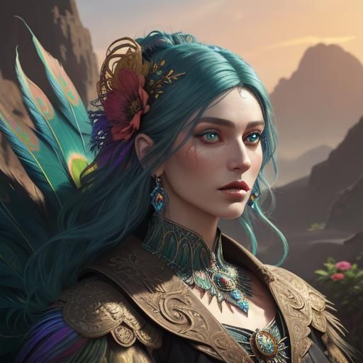 Colorful Woman with Peacock Feathers in Art Nouveau Style