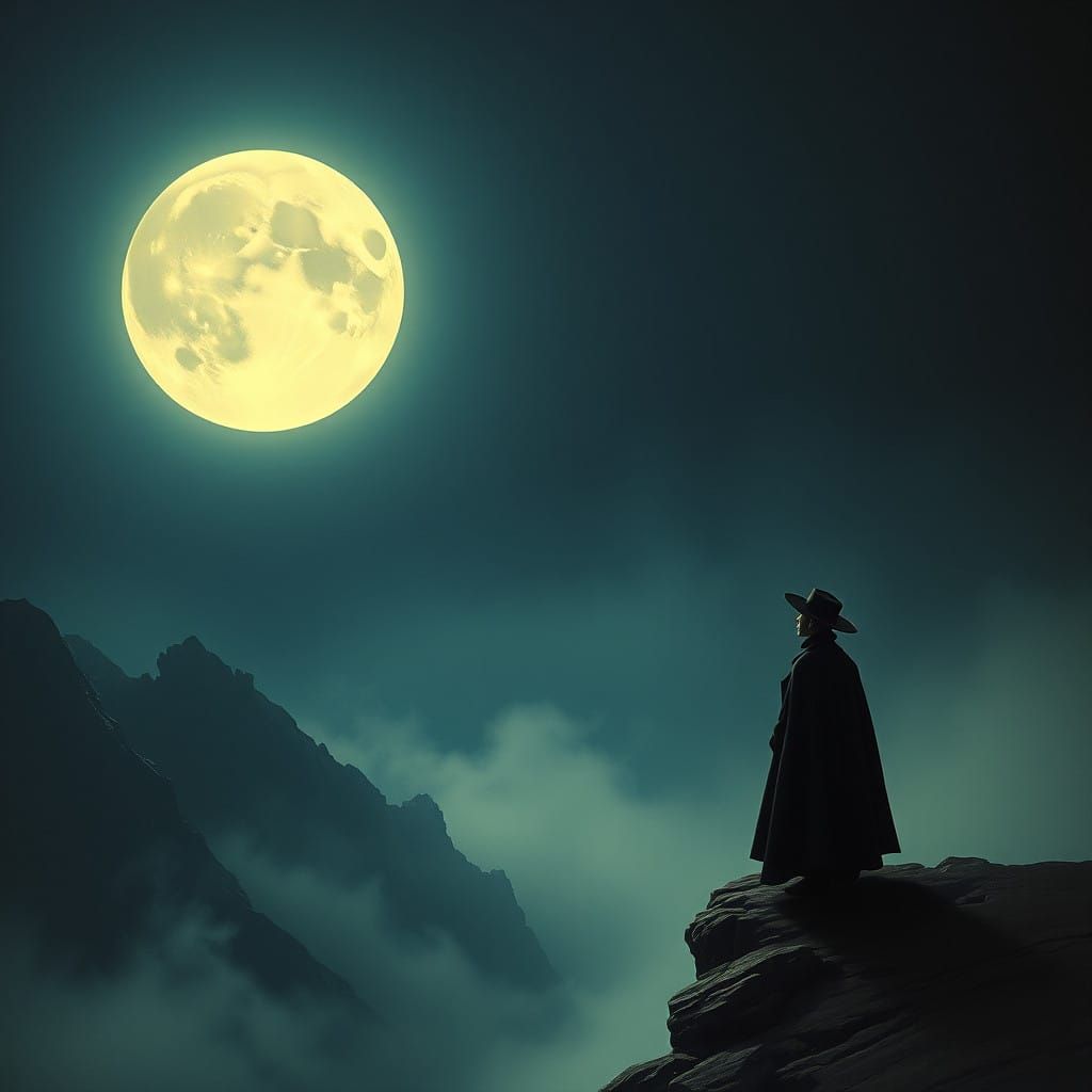 Ethereal Moonlit Whimsy: A Lone Figure in Dark Rugged Landsc...