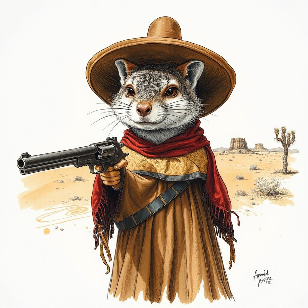 Weasel Gunslinger in Desert, Pencil Caricature