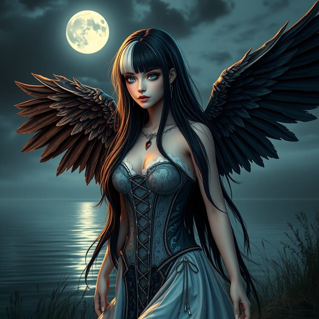 Gothic Angel Walks by Moonlit Lake in Elegant Corset