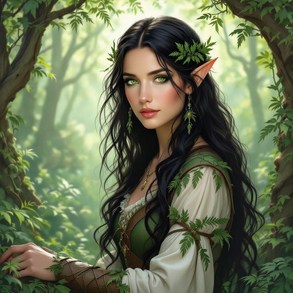 Elven Druid in Mystical Forest, Pre-Raphaelite Style