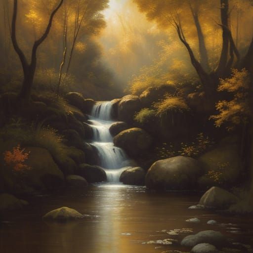 Serene Waterfall in the Style of Rembrandt