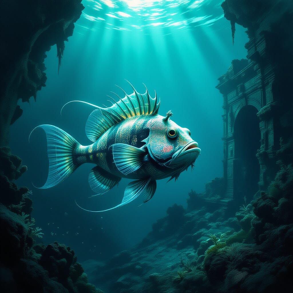 Bioluminescent Anglerfish in Abyssal Trench Ruins