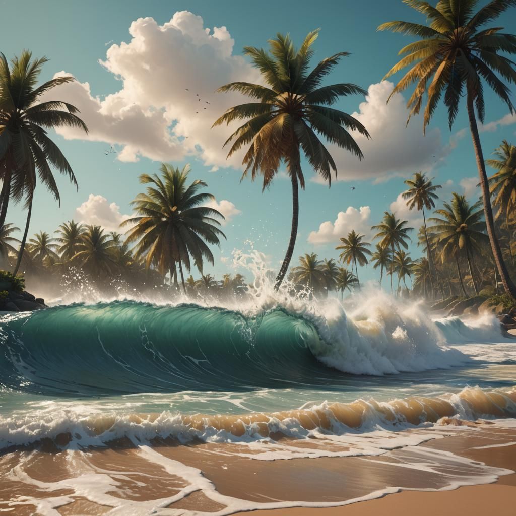 Beach Scene with Waves in Hyperdetailed Splash Art