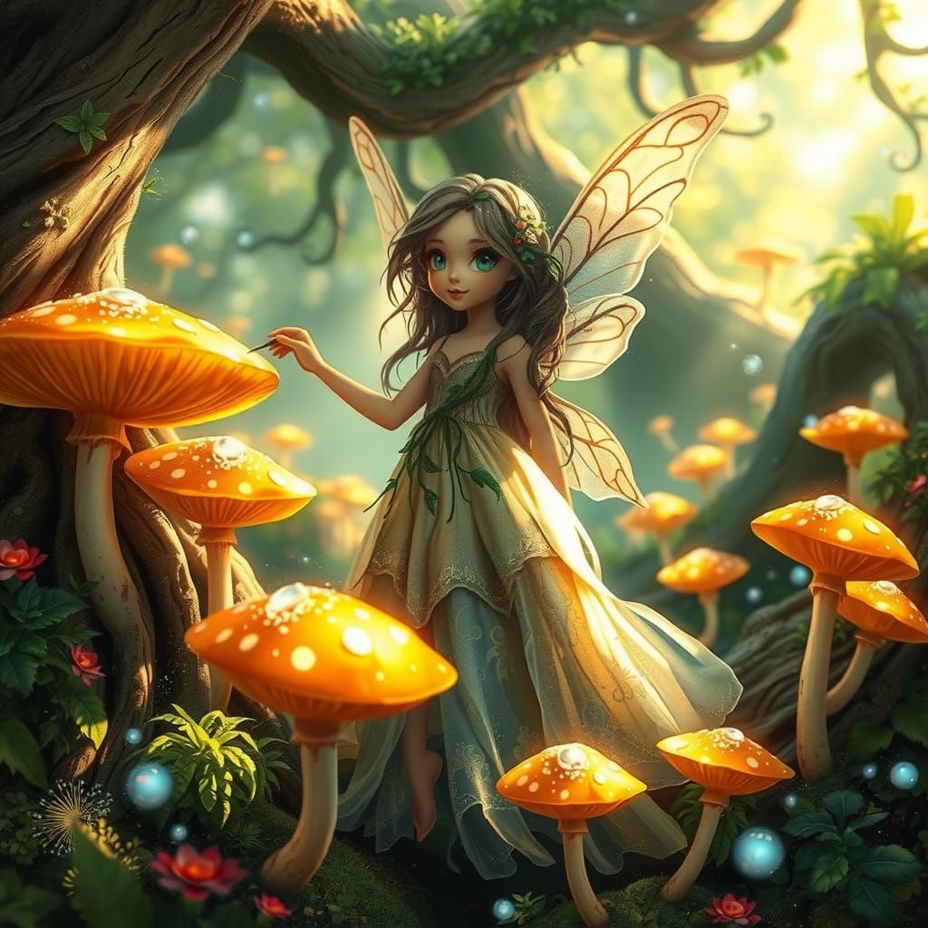 An adorable little fairy draws dots on mushrooms