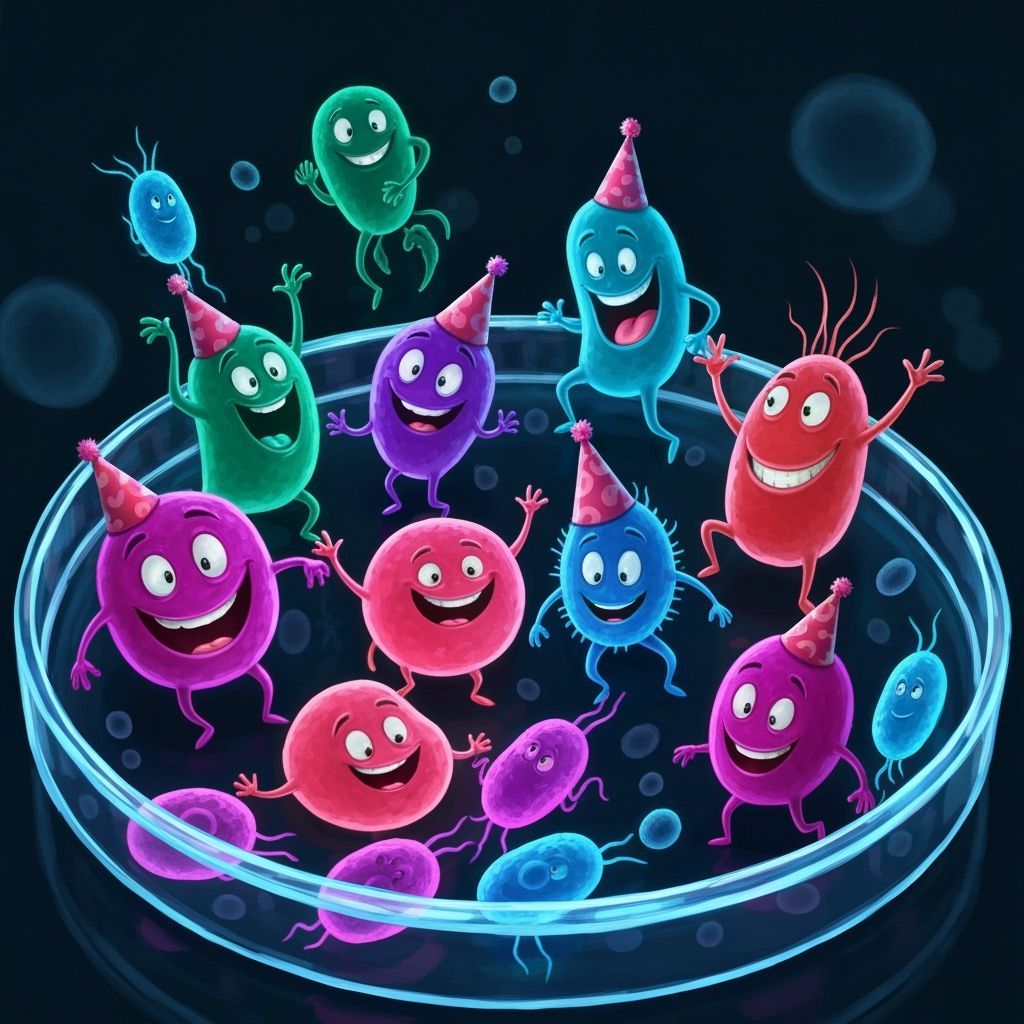 Microbe Rave Party in Petri Dish, Whimsical Digital Art