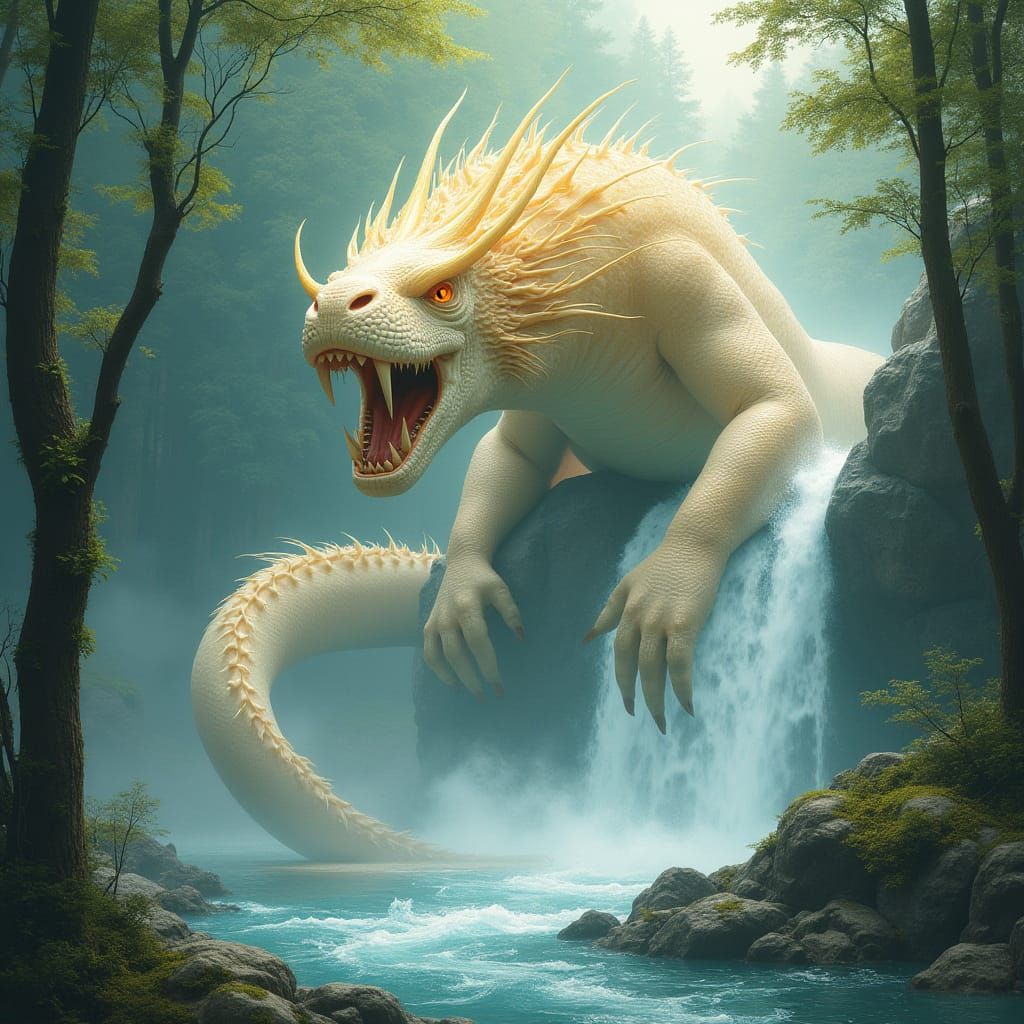 Ethereal Watercolor Painting of a Reptilian Dragon in a Fore...