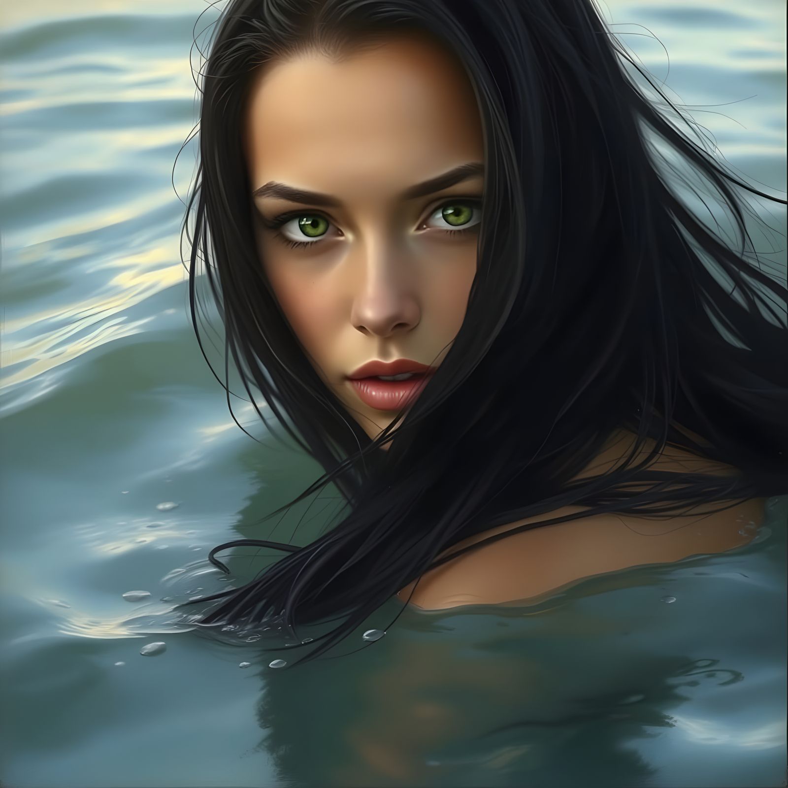 Beautiful Woman Emerges from the Water in Realistic Style
