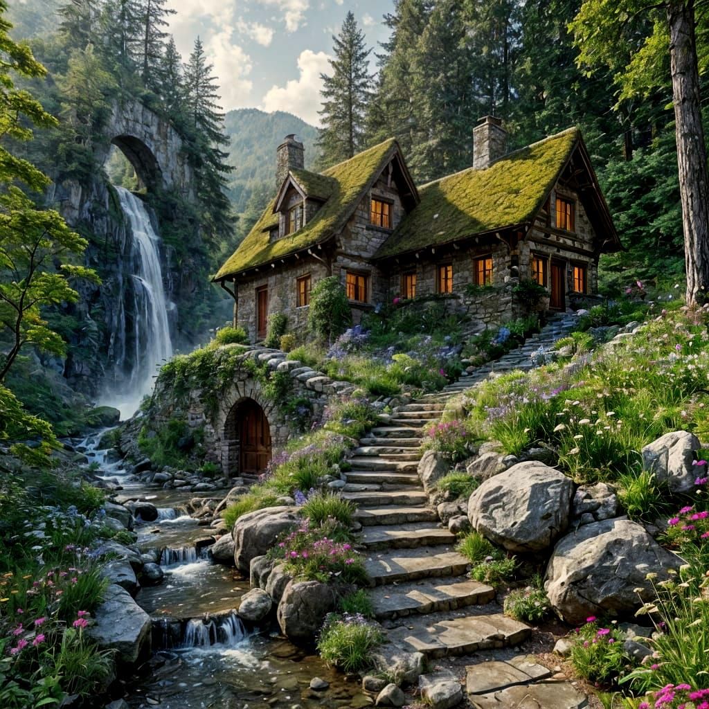 Magical Stone House on Arched Bridge in Misty Valley