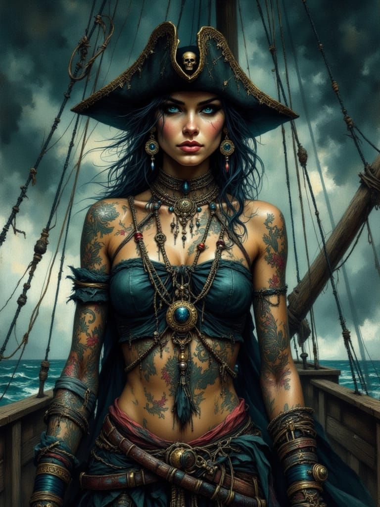 Fierce Pirate Captain in Dark Fantasy Storm