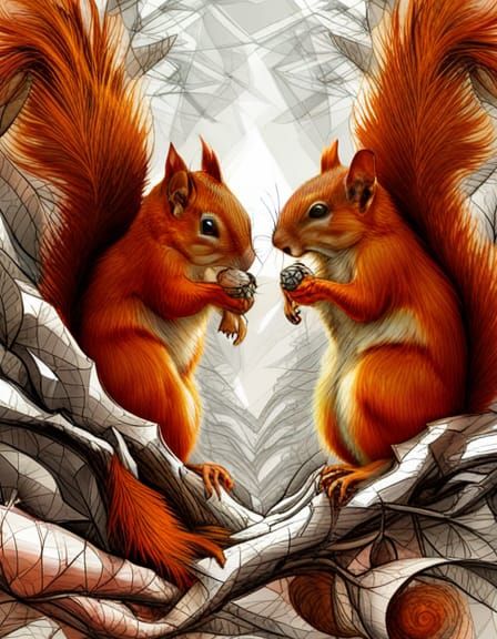 Detailed Cubist Squirrels Digital Painting