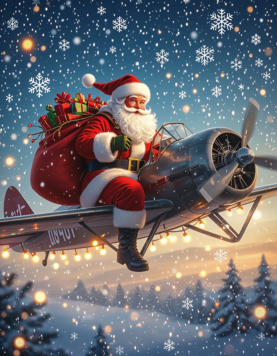 Santa Claus in Vintage Plane, Digital Art Style