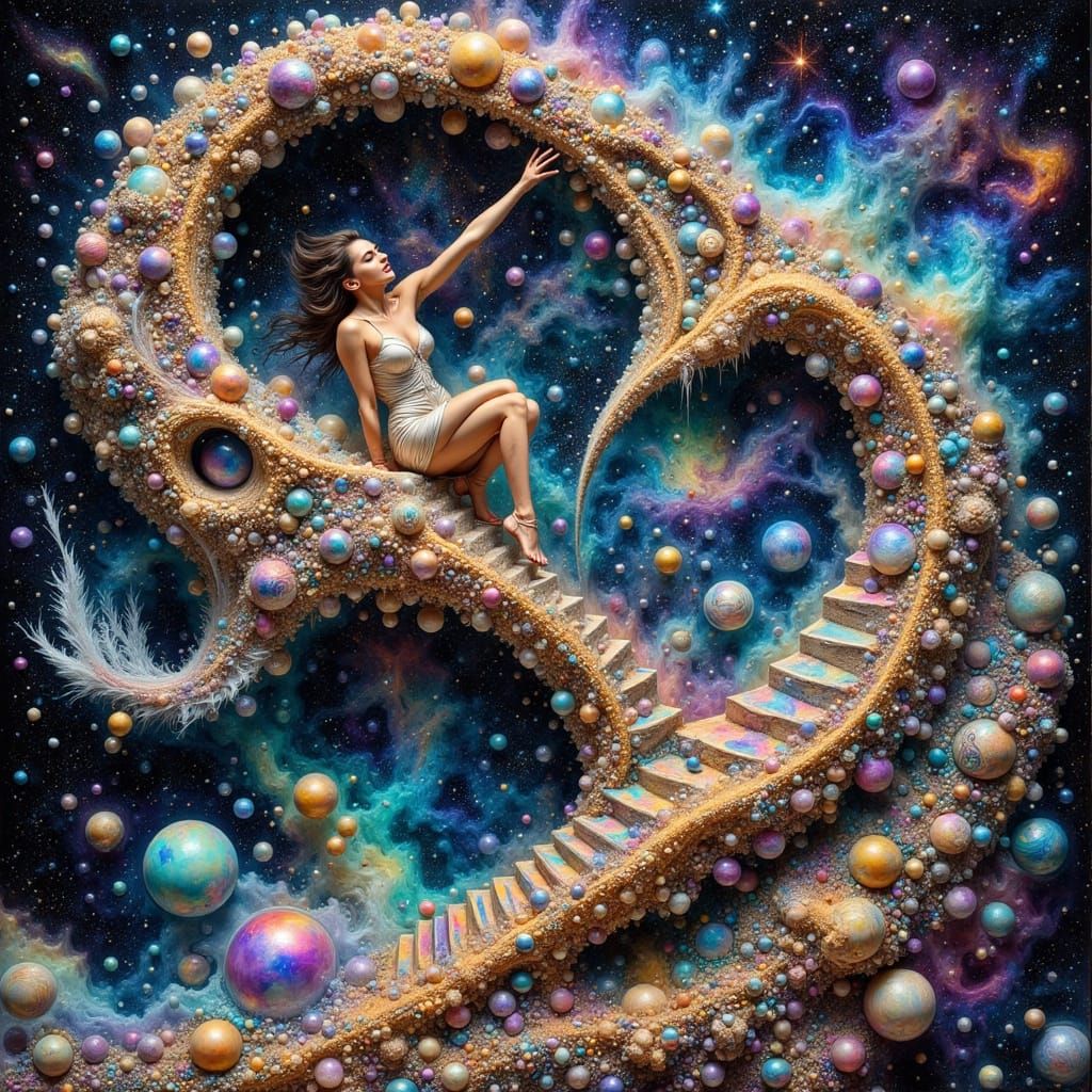 Woman on Seashell Staircase in Surreal Style