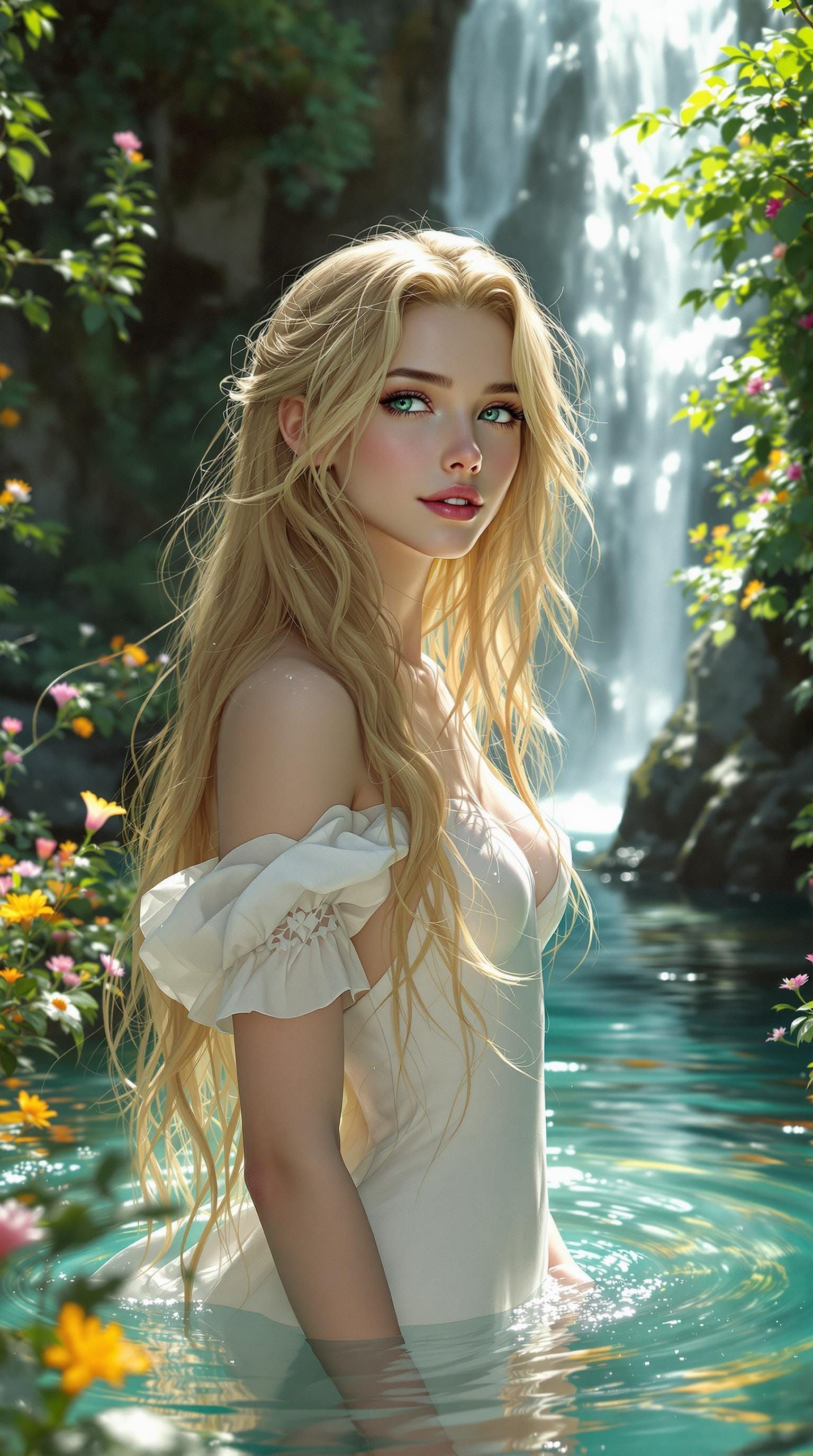 Slavic Nymph in Altai Taiga Waterfall