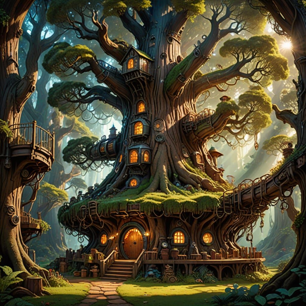 Whimsical Steampunk Sequoia House in Enchanted Forest