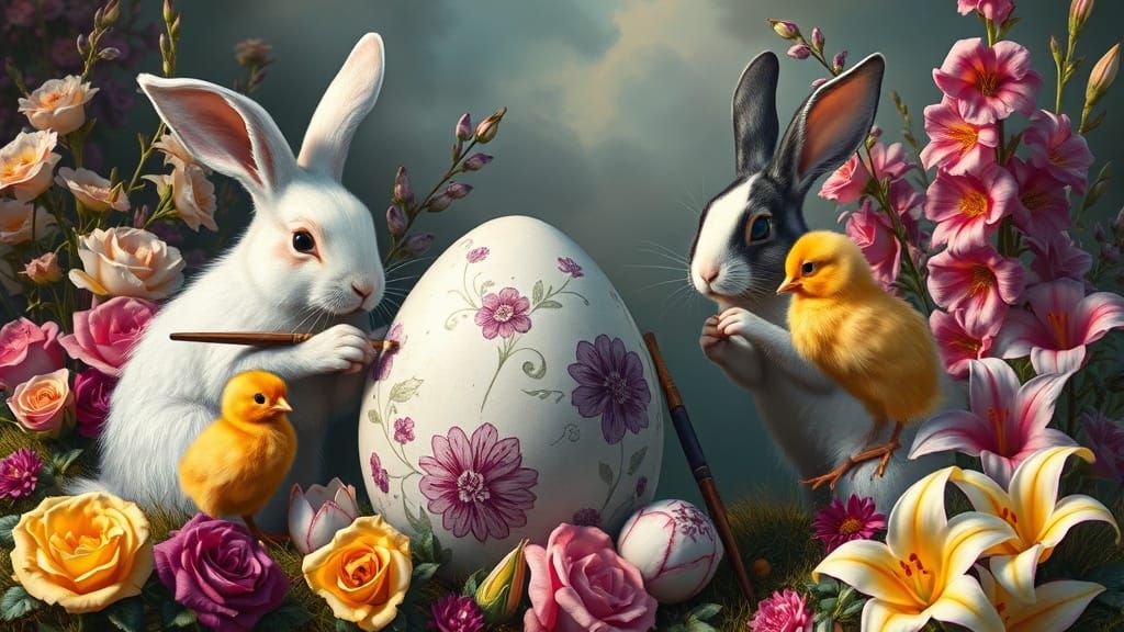 Fantasy Easter Scene with Rabbits Painting Eggs