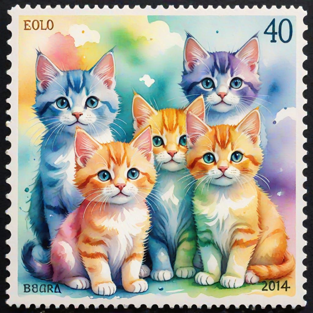 Rainbow Kittens on Stamps in Watercolor Illustration