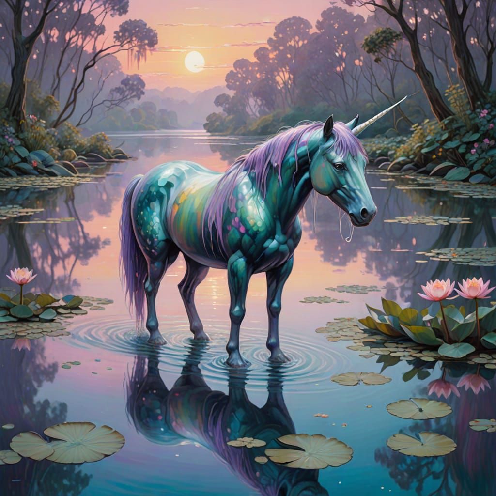 Mythic Kelpie-Unicorn Glides on Enchanted River