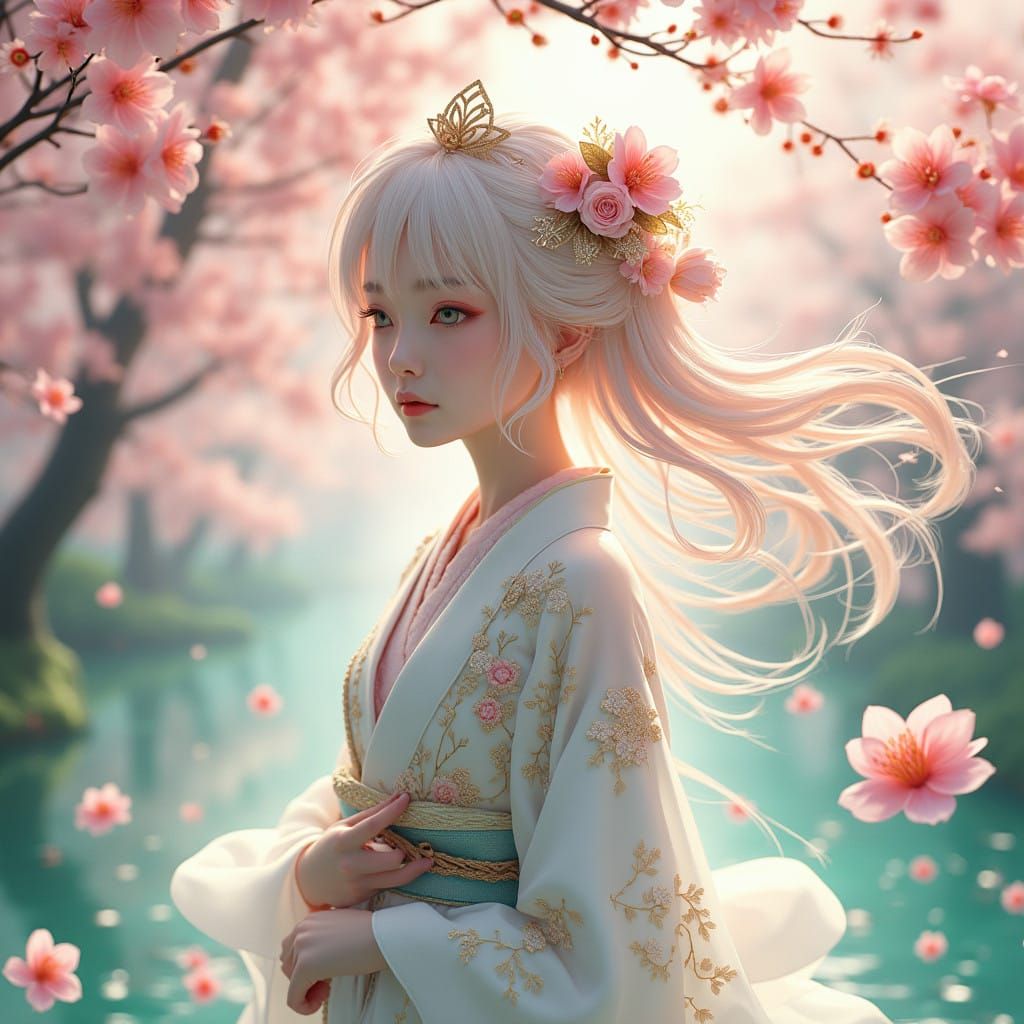 Ethereal Goddess of Cherry Blossoms in a Dreamlike Japanese....