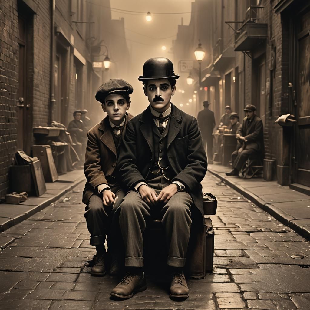Chaplin and The Kid in Foggy Alleyway, Cinematic Portrait