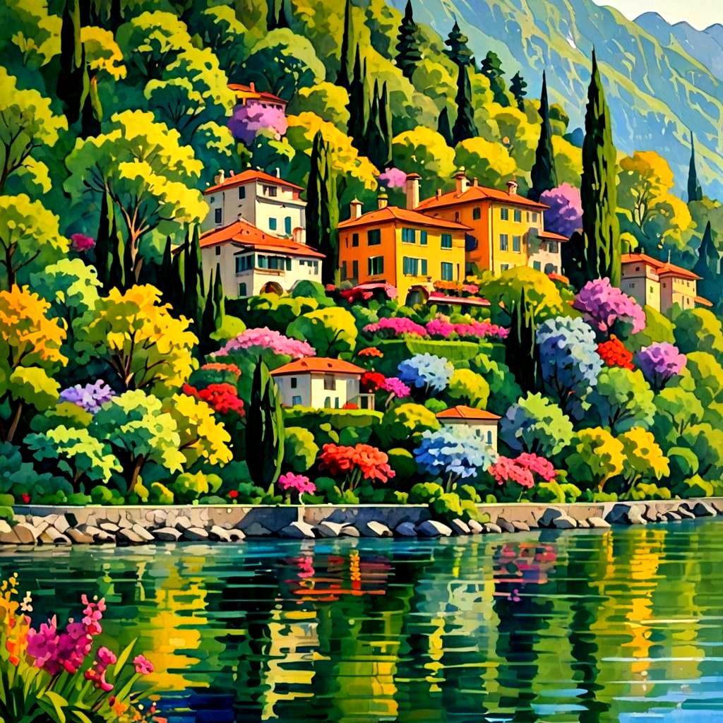 Lake Como Painting in Gouache Impressionist Style