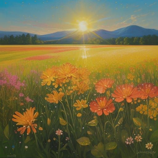Vibrant Oil Painting of a Small Flower at Golden Hour
