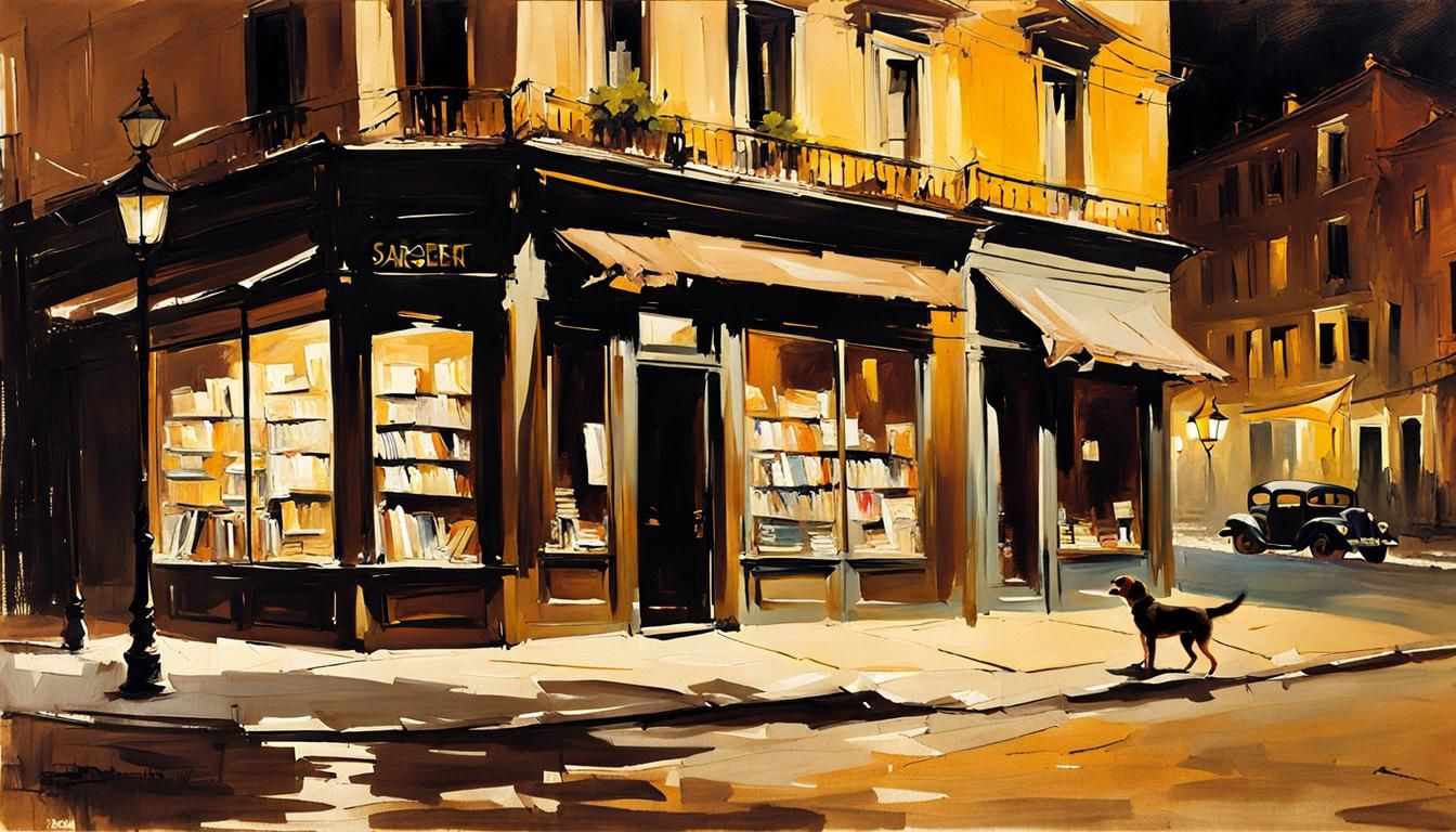 Nostalgic Bookstore Street Scene in Impressionist Style