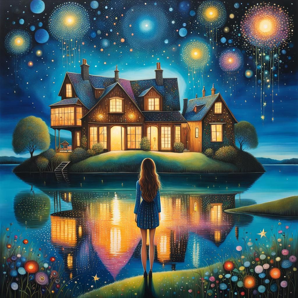Surreal Woman at Lake House Under Starry Night
