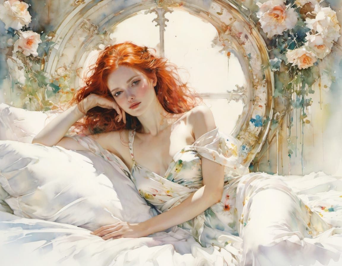 Watercolor Portrait of Redhead Woman in Silk Robe