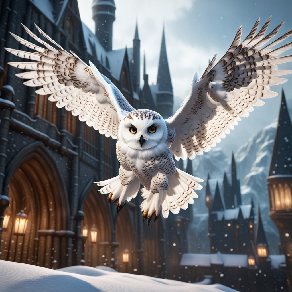 Snow Owl Flying to Snowy Hogwarts: Detailed Digital Art