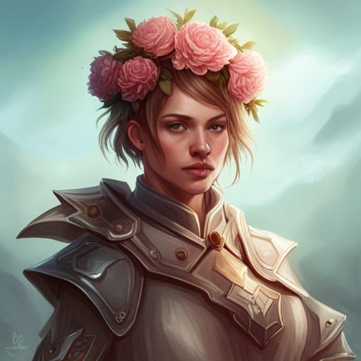 Female Knight with Rose Crown, Hyperdetailed Portrait