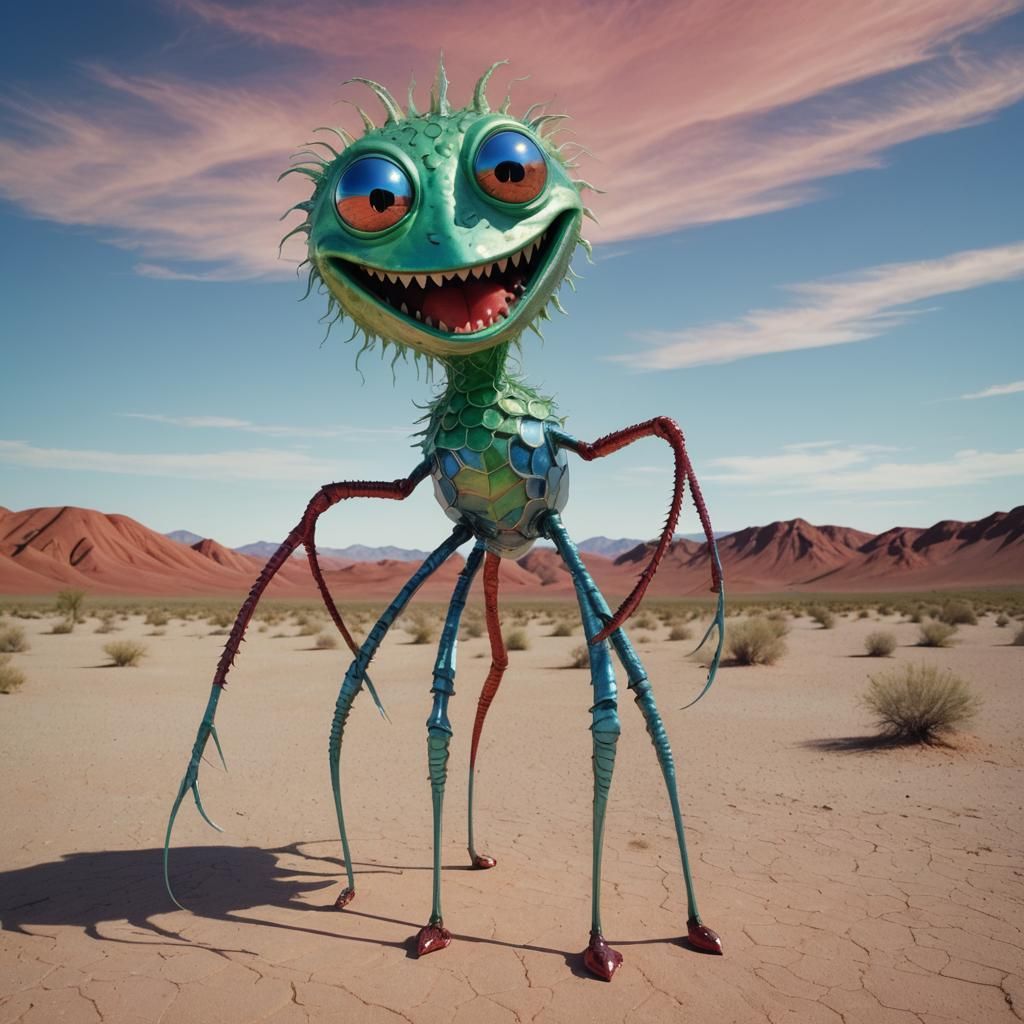 Iridescent Green Creature in Surreal Desert