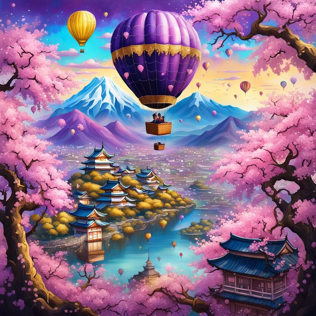 Hot Air Balloon over Japanese Cherry Blossoms in Graffiti Ar...