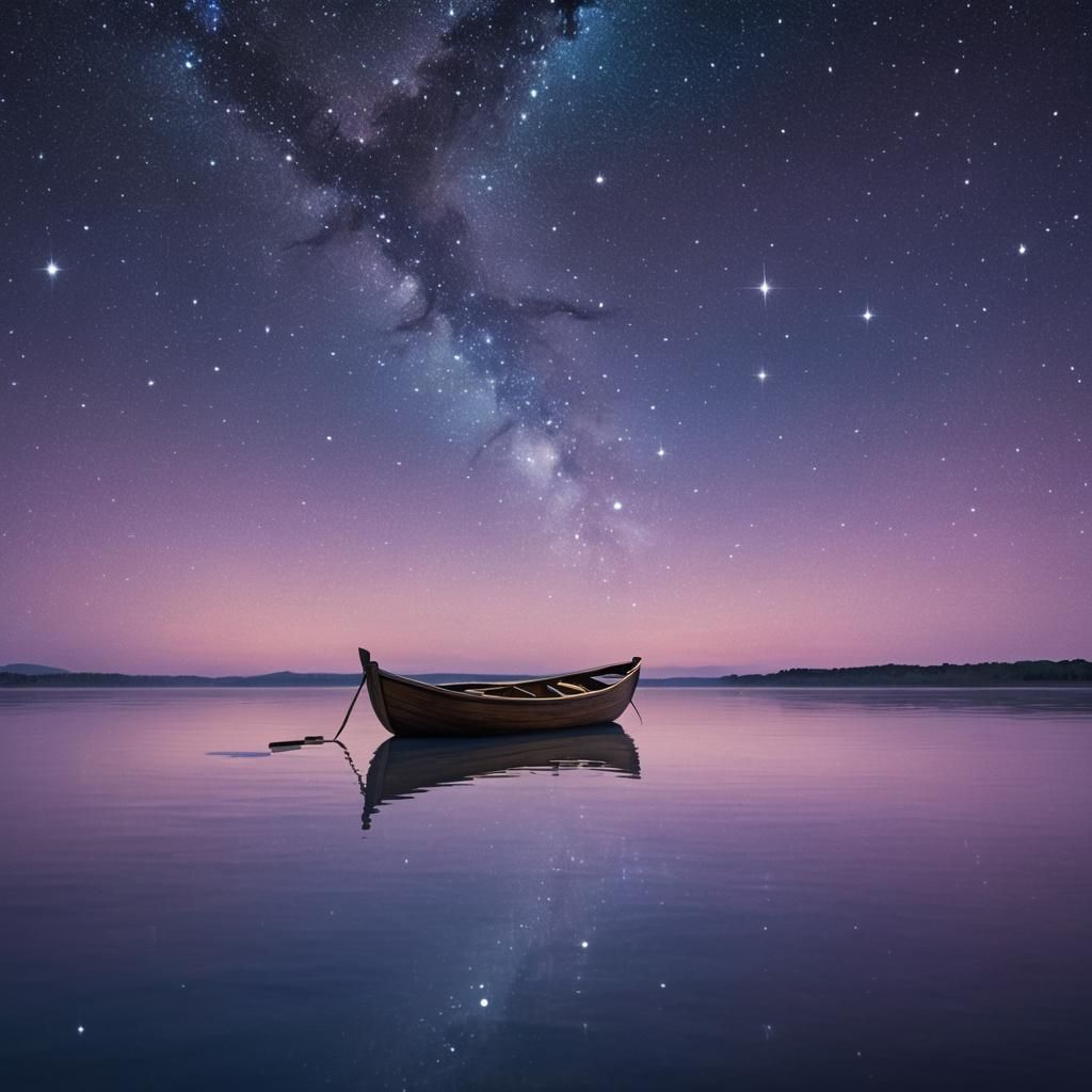 Dreamy Starry Night Lake Painting in Minimalist Style