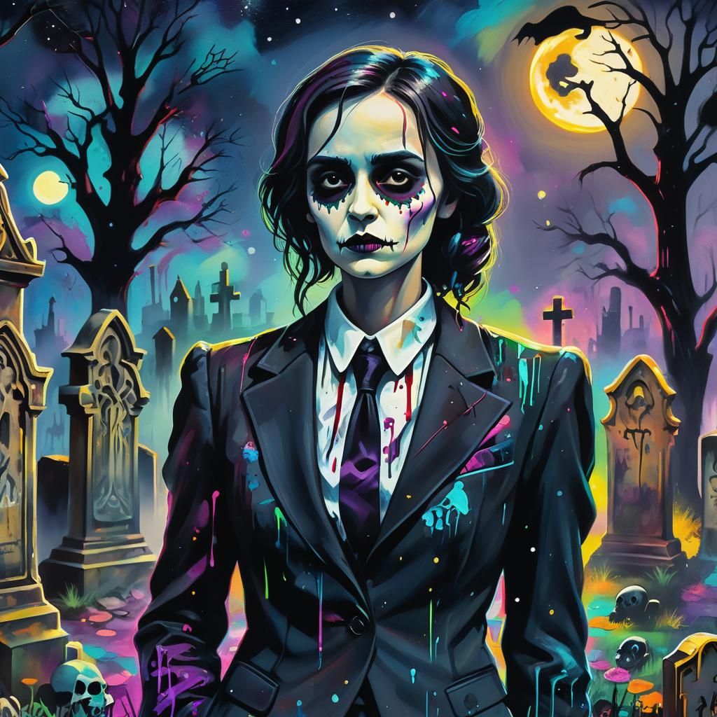 Gothic Woman in Graveyard, Graffiti Art Style