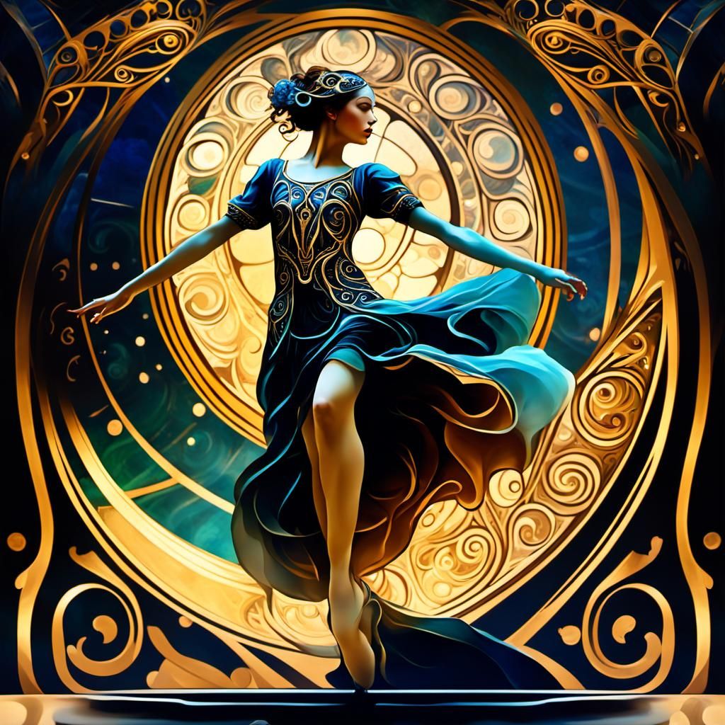 Dancer in Art Nouveau Style with Fractal Curves