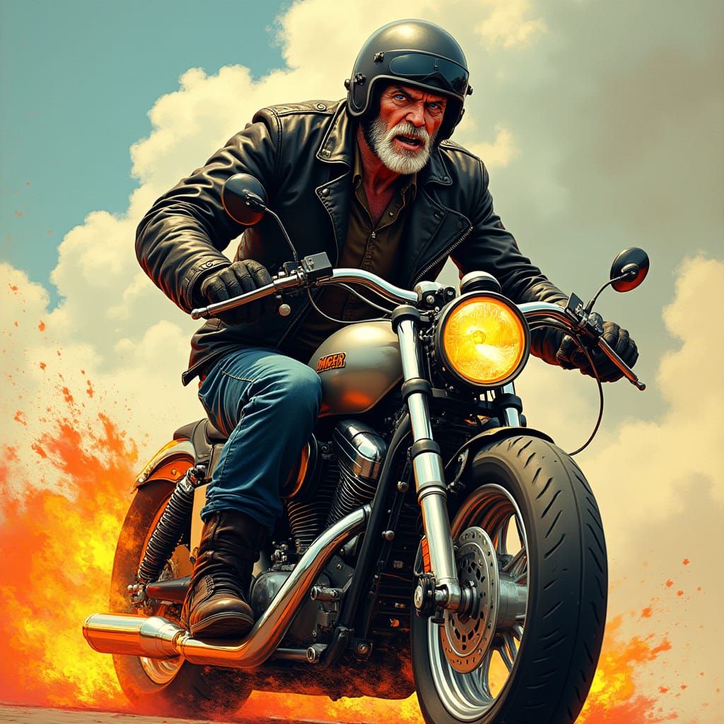 A Gritty Old Biker Rides a High-Tech Motorcycle with Flames
