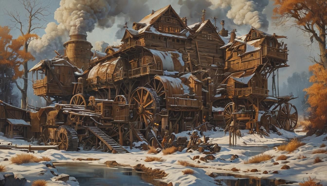 Wild West Sawmill in Warm Winter Twilight