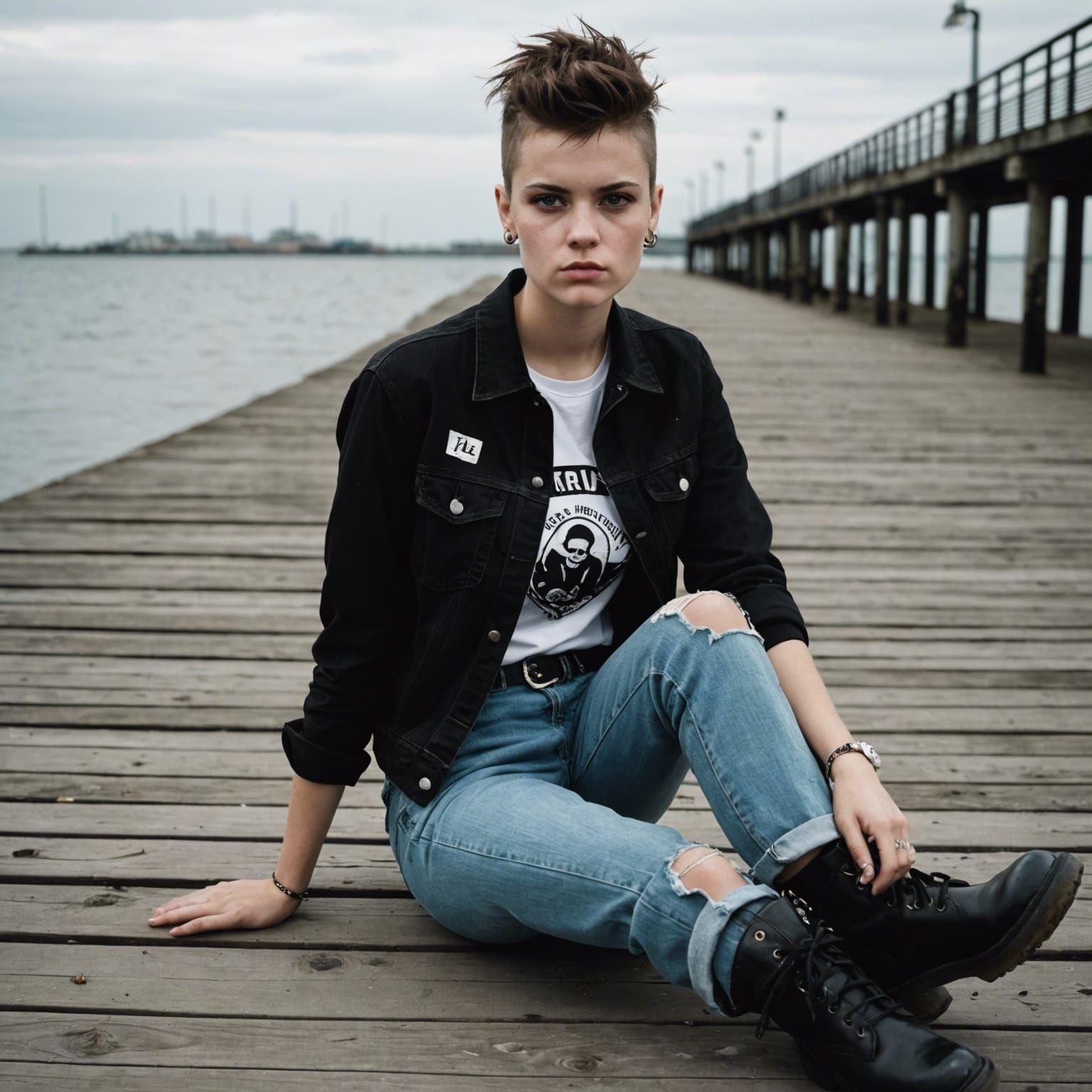 Punk Girl Portrait on Pier in 1980s Style