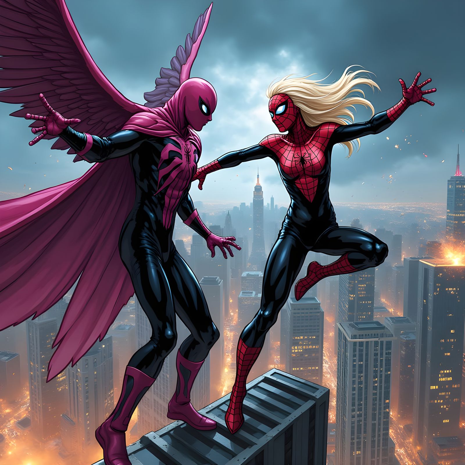 Ghost-Spider Battles Vulture Atop NYC Skyscraper Comic Art